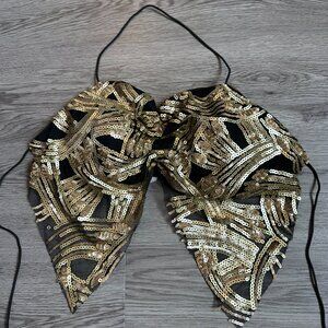 NEW Black and Gold Sequin Glitter Crop Backless Tie Top with Padding - One Size